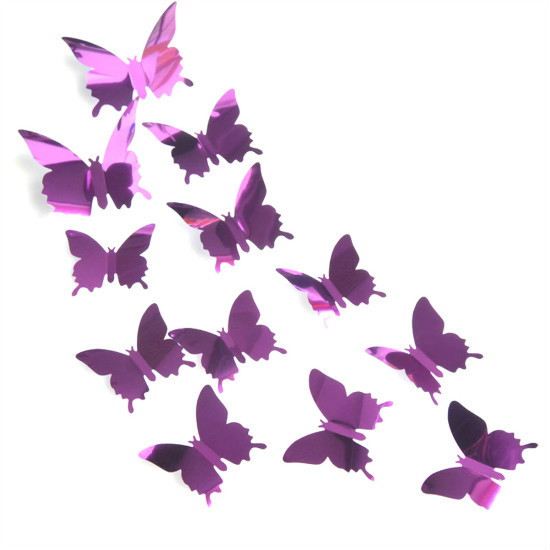 Espejo de mariposa 3D para decoración de la habitación de los niños, pegatina de pared, arte extraíble, decoración de boda, cristal, 12 unids/lote: Morado