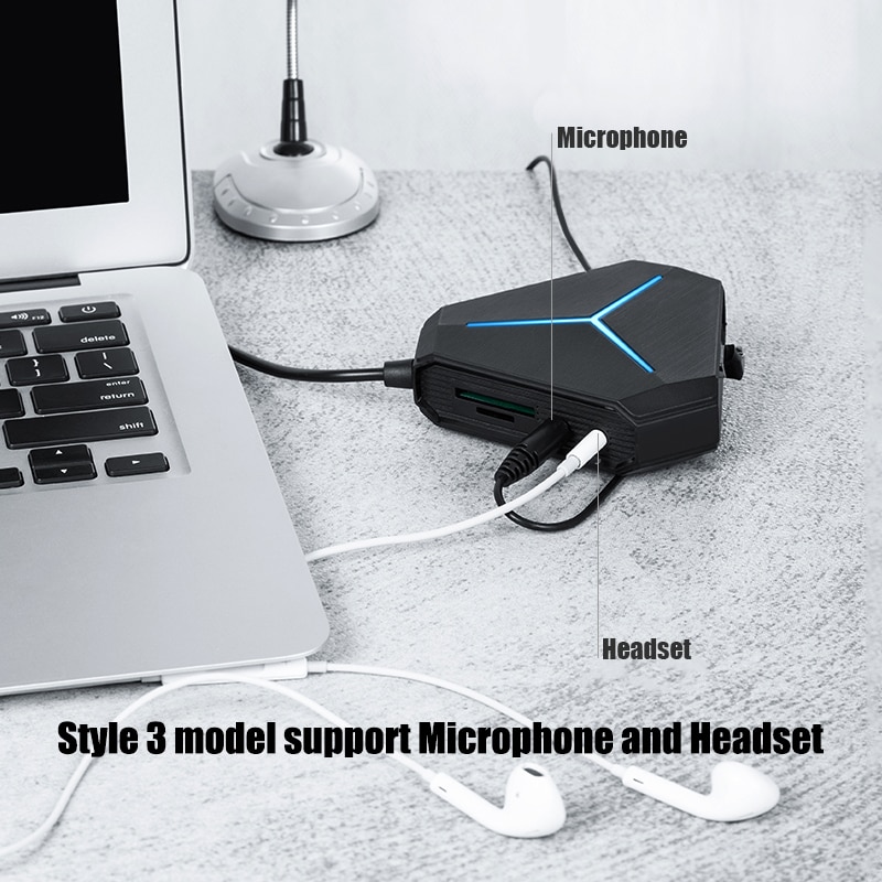 6 Port USB 2.0 3.0 Hub With TF SD Card Reader Mic AUX Cool Light Charging Splitter for Multi-device Desktop Laptop