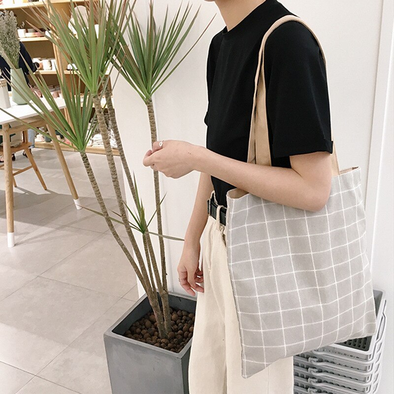 Women Canvas Tote Bag Cotton Plaid Print Shopping Bags Foldable Female Handbag Reusable Eco Beach Shopper Bag: gray