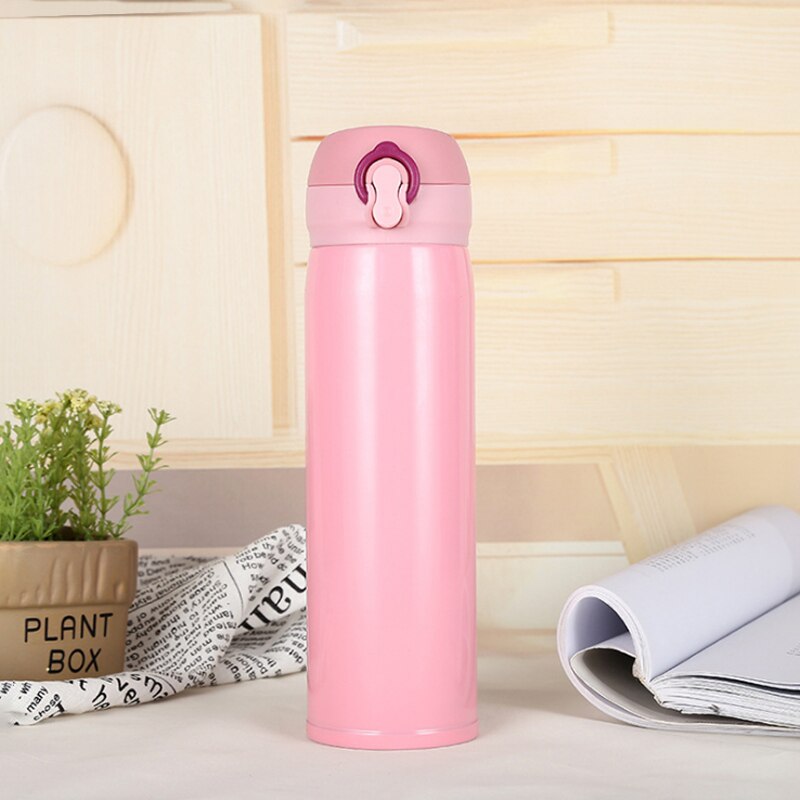 Termos portátiles de 500ml para botella de agua , frascos de vacío de acero inoxidable, tazas de café, té, hervidor turístico, taza térmica con tapas: Pink