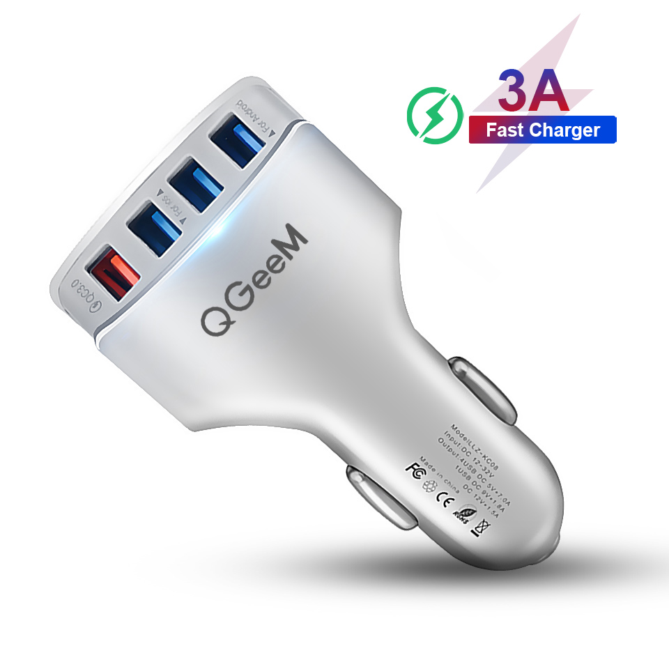 QGEEM 4 USB QC 3,0 Auto Ladegerät Schnell Ladung 3,0 Telefon Auto Schnelle Vorderseite Rückseite Ladegerät Adapter Auto Tragbare Ladegerät stecker für iPhone: 1QC 3x2A White