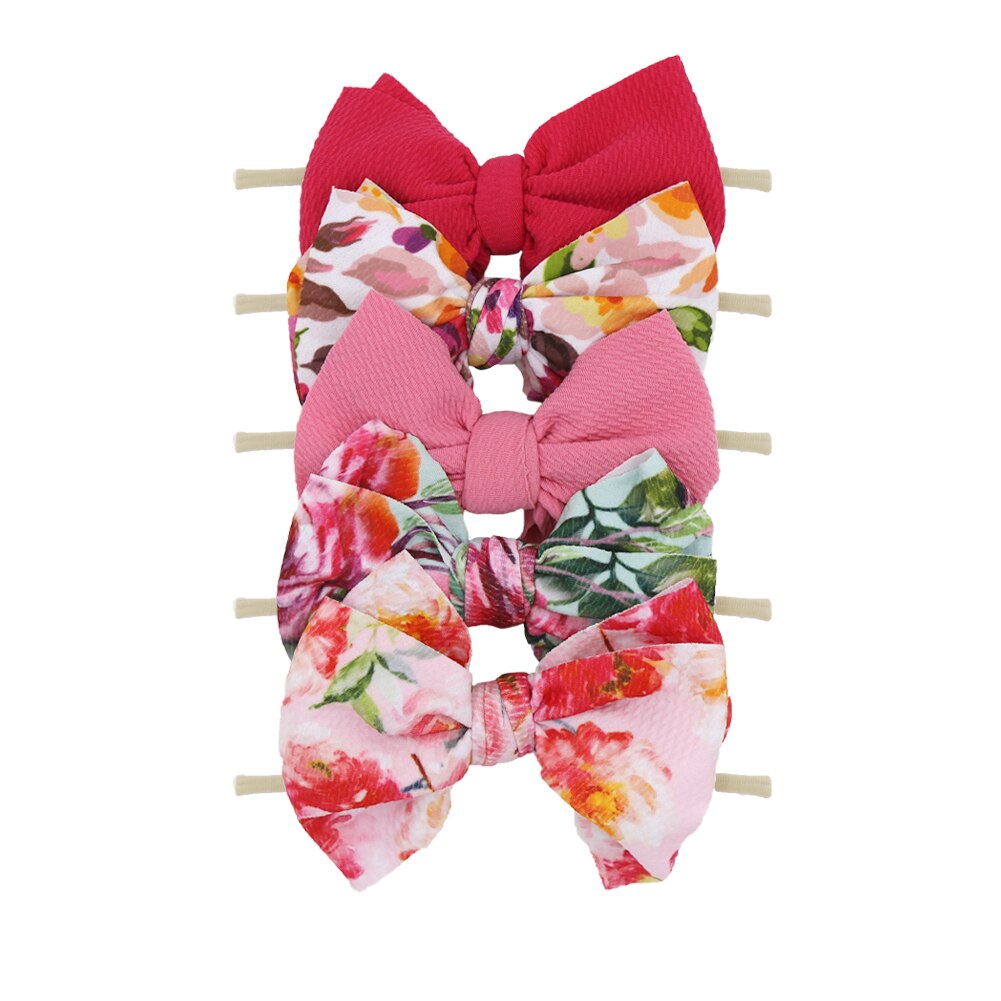 5Pcs/Lot Flower Print Elastic Nylon Band 5.9'' Big Bow Knot Headband Newborn Non-Marking Hair Accessories
