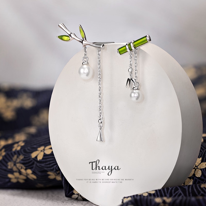 Thaya Enamel Vrouwen Oorbel Groene Bamboe Earring Dangle Met Parel Retro Leuke Oorbellen Voor Vrouwen Zilveren Oorbel Mode-sieraden