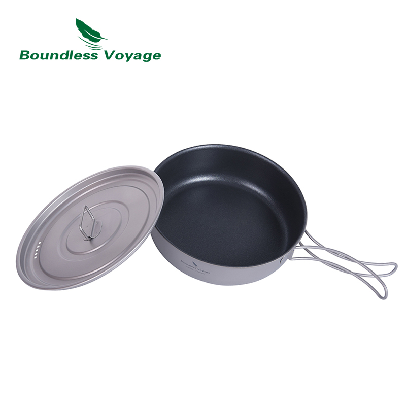 Boundless Voyage Koekenpan met antiaanbaklaag Titanium kookgerei met deksel en opvouwbare handgreep buitenuitrusting