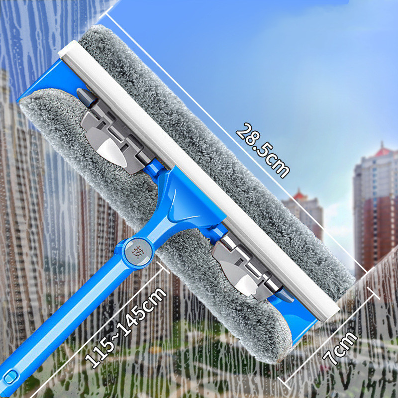 Glas Reinigung Werkzeug doppelseitige Teleskop Stange Fenster Reiniger Mopp Rakel Wischer Lange Griff Rotierenden Kopf Pinsel: Blau