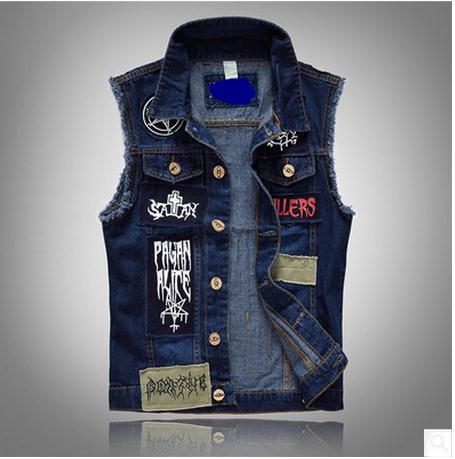 Mænd pactwork cowboy vest frakke enkeltradet turn down krave plus størrelse forår efterår jean vest plus størrelse denim vest  j1798