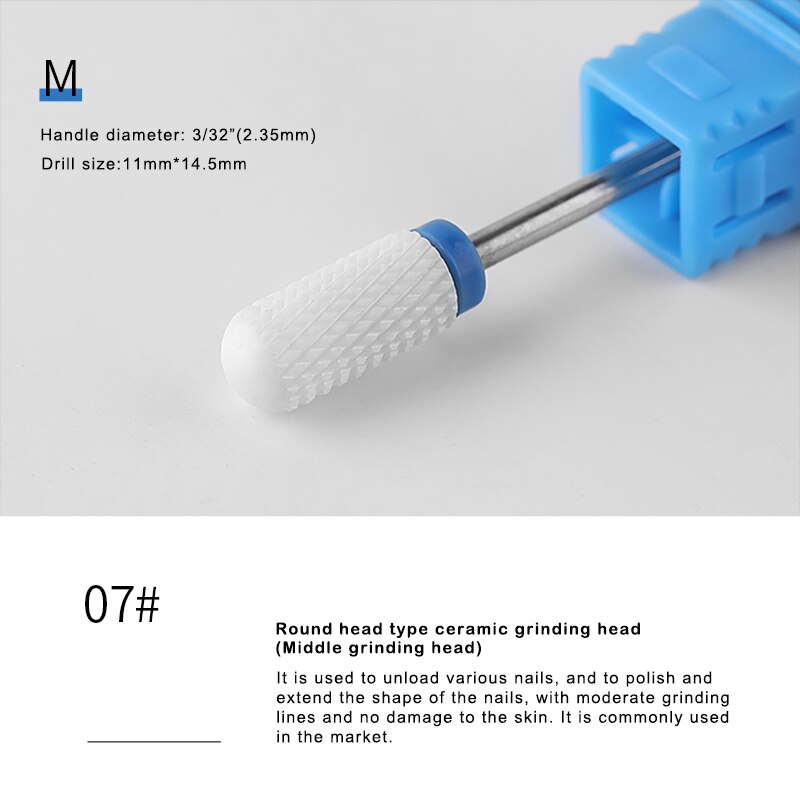 Broca limpiadora de uñas de cerámica blanca, taladro de uñas (arena: mediana), 3/32 ", tamaño de vástago, para limpieza de cutículas, seguridad: 07