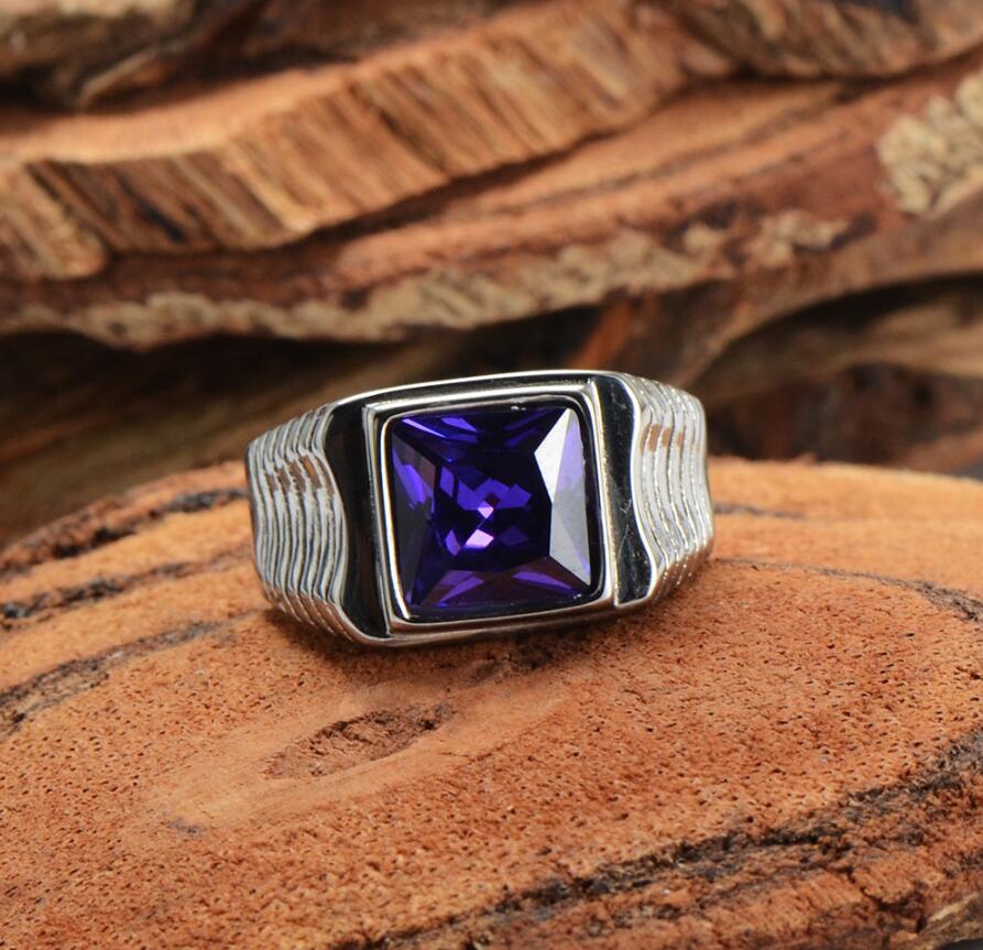 Men&#39;s 316L Stainless Steel Square Black Stone Gem Silver color Ring: 8 / Purple