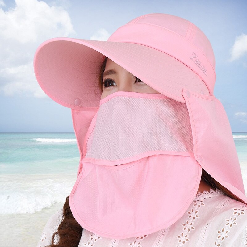 Sun hat female summer face protection sun hat cover face anti-ultraviolet sun hat big edge cycling face protection neck cap: Pink
