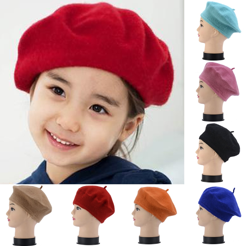 Fransk stil vintage baby kid piger uld blød vinter varm almindelig baret hue hatbd 0039