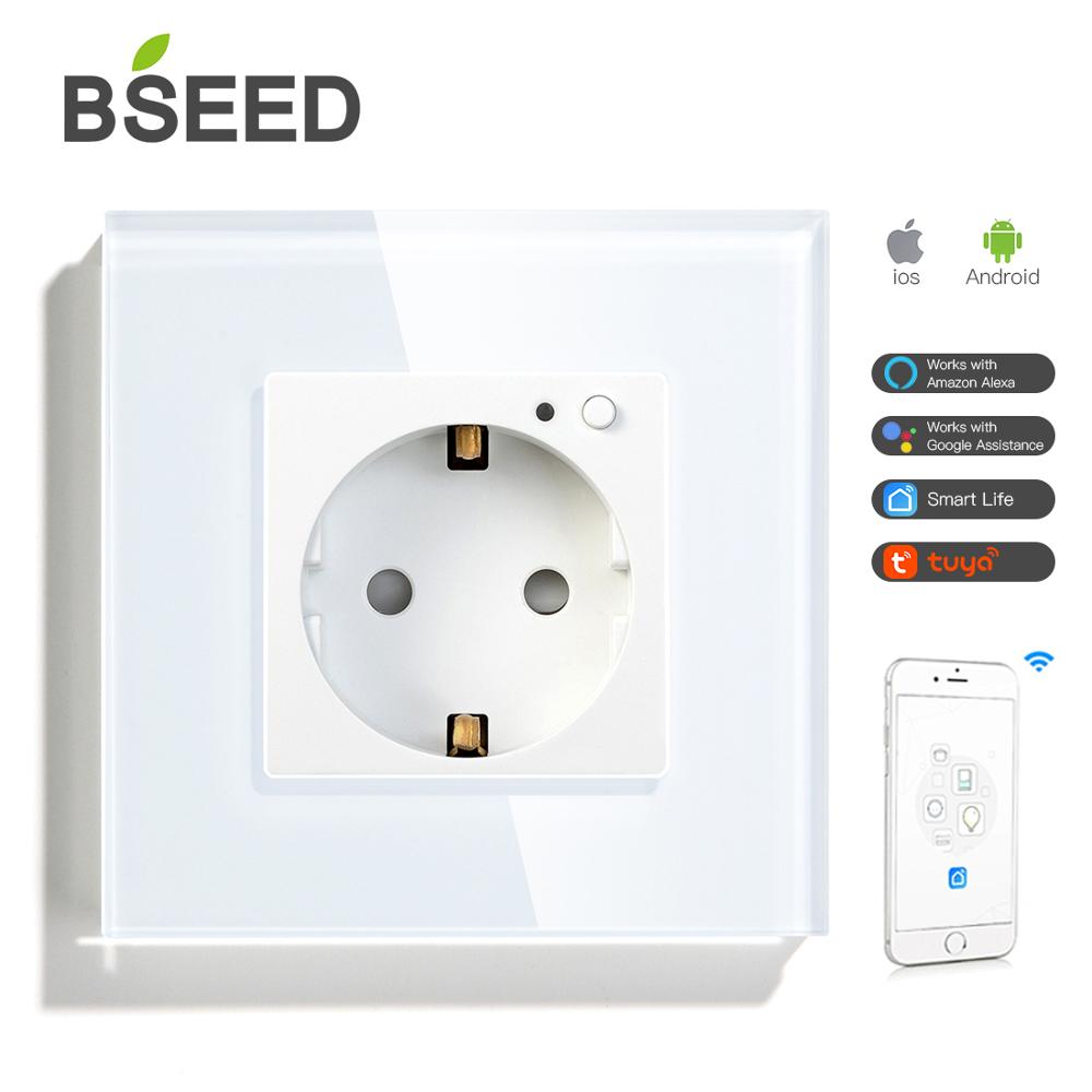 BSEED Single WIFI Power EU Sockets Double Smart Google Alexa Wall Sockets 16A Triple Glass Crystal App Sockets On/Off Switches: Single Socket White