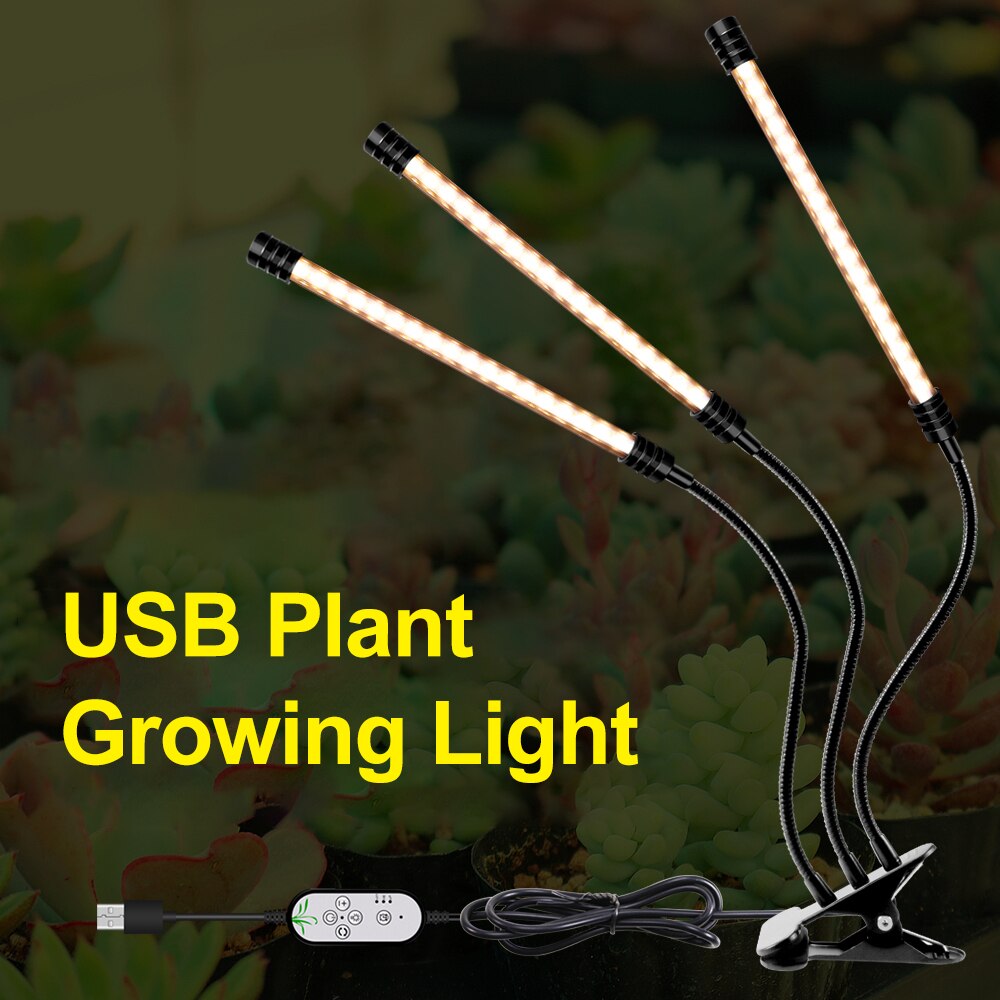 Usb plant odlingsljus solljus vit fullspektrumbelysning bordsklämma odlingslampa för växter 5 dimbara nivåer 4/8/12h timer