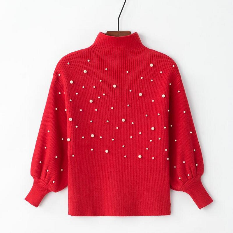 Autumn Winter Pearl Beading Sweater Women Pullovers Stand Collar Knit Jumper Casual Tight Cropped Sweater Three Quarter Sleeve