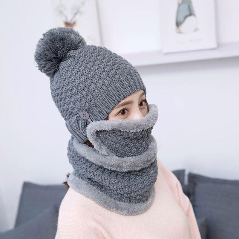 Gorro de lana de Pelo Liso para mujer, gorro de Cachemira de punto grueso y cálido, conjuntos de bufandas para exteriores, de invierno,
