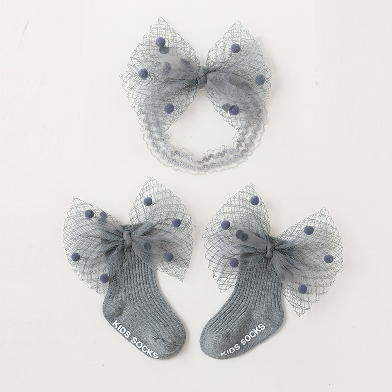 Baby Meisje Hoofdband Sokken Set Kant Grote Bows Pasgeboren Sok Elastische Baby Haarband Peuter Meisje Hoofddeksels Baby Haar Accessoires 2 stuks: Grey / S for 6-18months