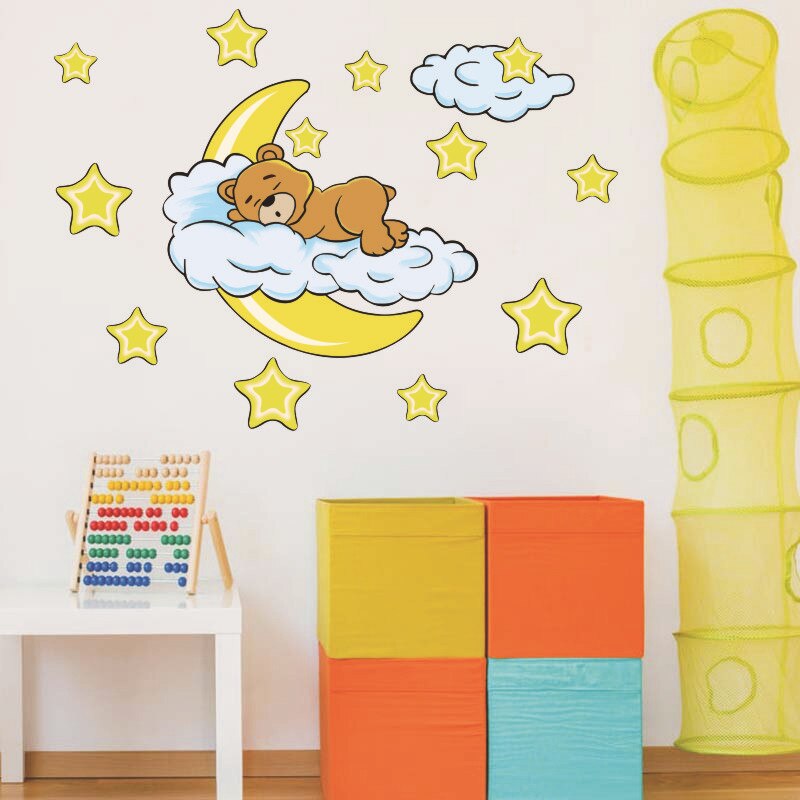 Sød månebjørn wallsticker baby børn stue vinyl mærkat sovende bjørn månestjerner &amp; måne aftageligt vægmaleri børnehave indretning