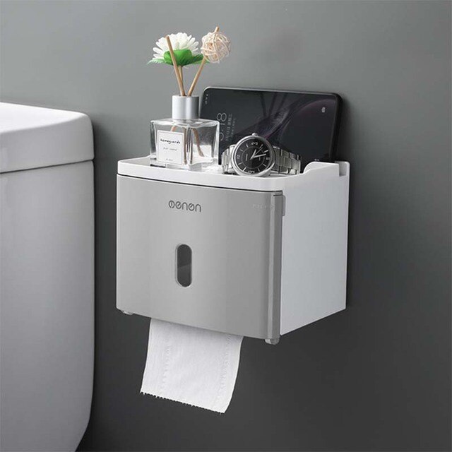Toilet Paper Holder Wall-Mounted Waterproof Double Layer Storage Box Roll Tube for Toilet Paper Bathroom Accessories: Gray-001