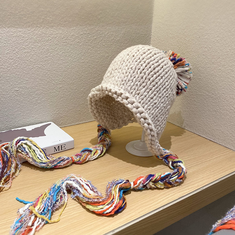 Mütze Männer Frauen bunte Quaste Twist flechten Hütte Herbst Winter warme Gehörschutz kappen Studenten vielseitige einstellen Kopf gestrickt: Beige