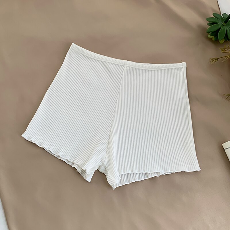 Pearl Diary Women Rib Safety Pant Under Skirts Femme Soft Undies Stretch Waist Lettuce Hem Casual Anti Exposure Bottoms Short: WHITE