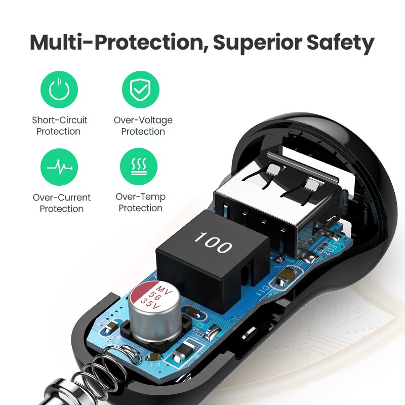 Ugreen Autolader 5V4.8A Mini Auto Opladen Voor Mobiele Telefoon Oplader Dual Usb Auto Telefoon Oplader Adapter In Auto