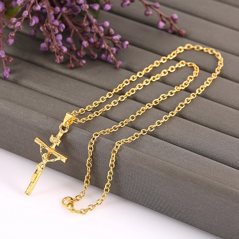 Religiös kristen gud kors krucifix hänge halsband för män kvinnor guld/slimpläterad jesus länkkedja smycken: Xl0020