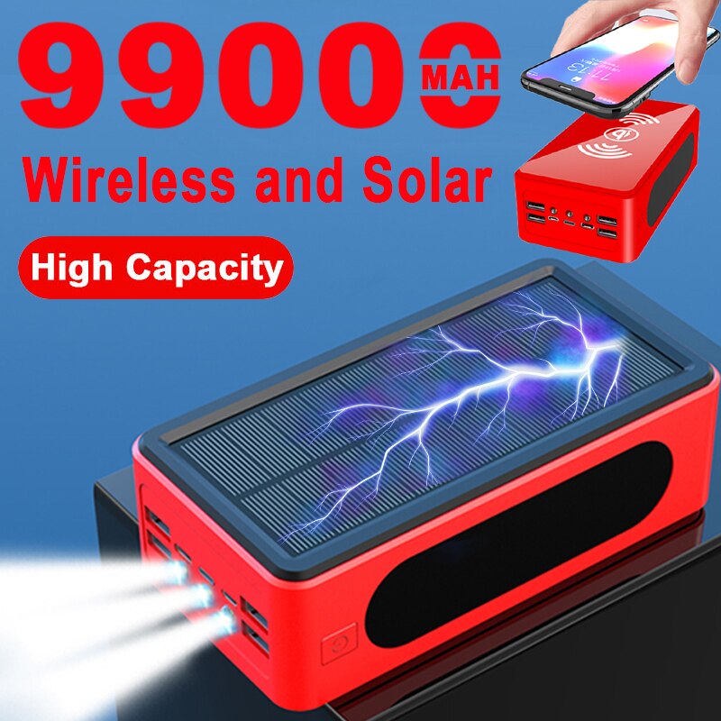 Banco de energía Solar inalámbrico de 99000mAh, cargador portátil de gran capacidad, 4 USB, LED, para exteriores, carga rápida, para Samsung, Xiaomi, Iphone