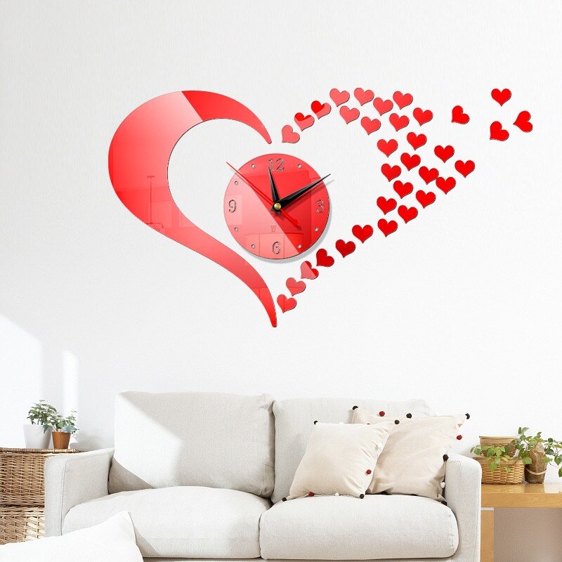 Reloj de pared 3D con forma de corazón, , acrílico, Digital, grande, para sala de estar, pegatinas de espejo, decoración moderna para el hogar: Red