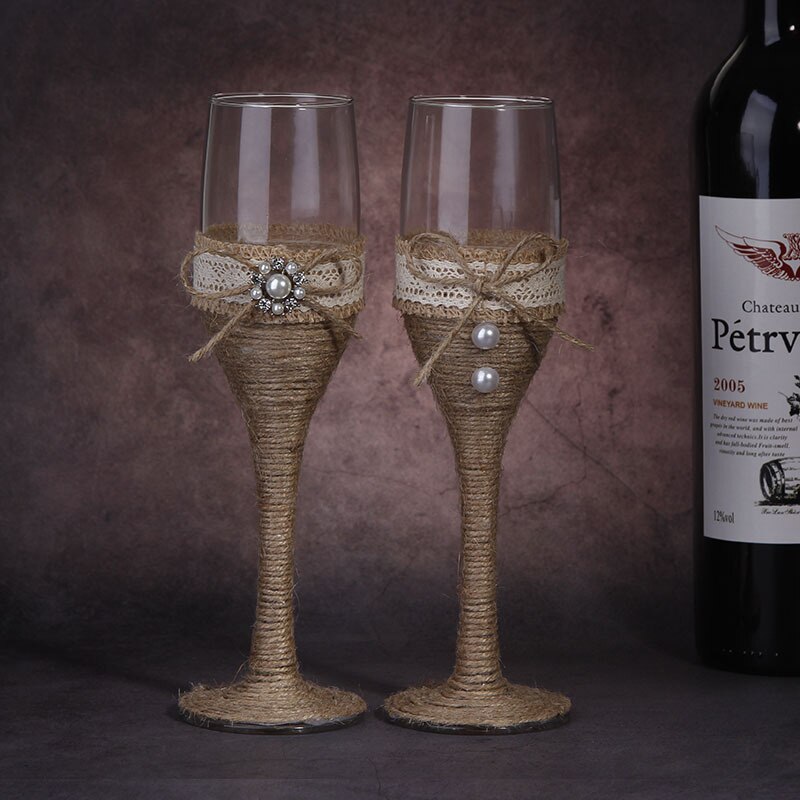 2 st set bröllopsglas linne kristall bröllop champagneglas spetsklänning bägare rödvin glas kopp bröllopsdekoration