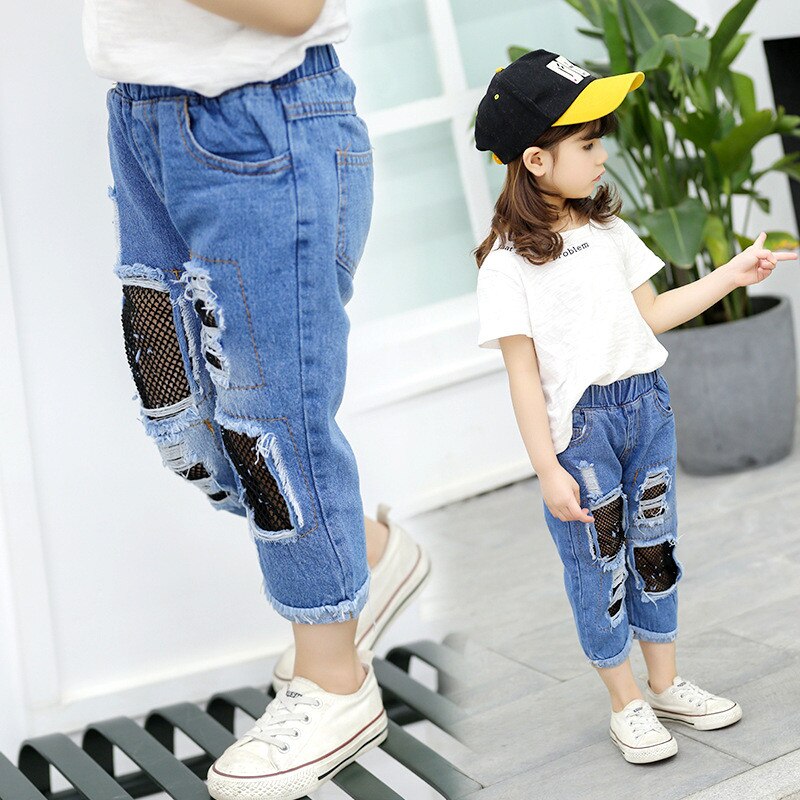 Girls Ripped Jeans Children Spring Summer Fall Korean Style Clothes Toddler Trousers Kids Cotton Nets Cropped Denim Pants