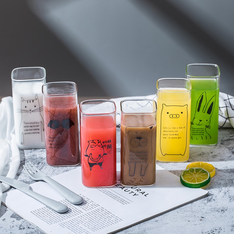 Transparent Cute Animal Pattern Glass Cup Household Coffee Milk Breakfast Drink Mug Student Square Cup Heat-resistant