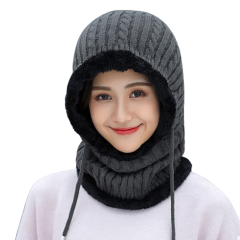 Pasamontañas de punto con Cable para mujer, gorro térmico forrado de felpa, a prueba de viento, con cordón, cubierta completa, capucha, bufanda, Invierno: D