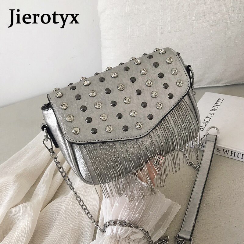 JIEROTYX-bandoleras plateadas con borlas y diamantes para mujer, bolsos de hombro femeninos pequeños, de noche,