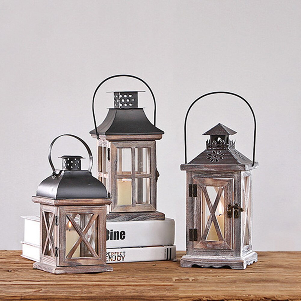 Candelabro colgante Vintage para jardín, farol de madera y Metal con mango, estilo europeo, hecho a mano