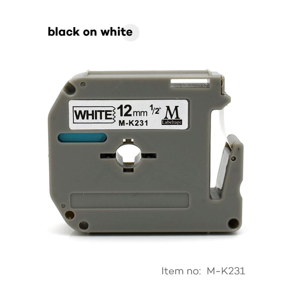 12mm flerfarvede etiketbånd som m -k131 m-k231 mk231 mk 431 mk531 mk-631 kompatibel brother p-touch labelprinter til pt -80 pt-70: Sort på hvidt