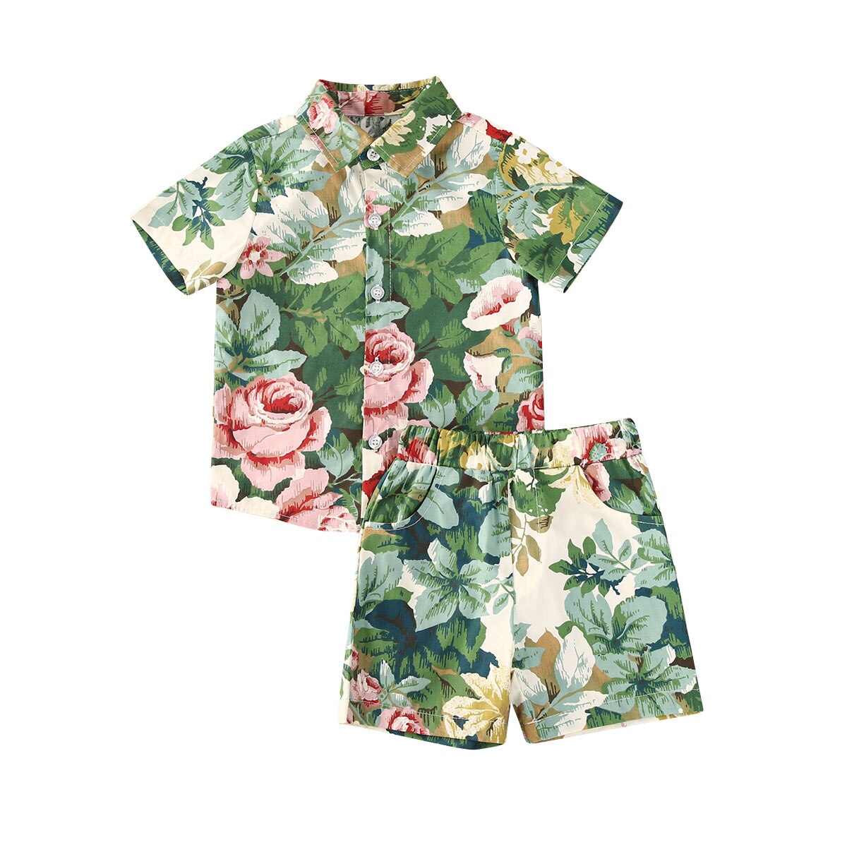 1-6Y été infantile bébé garçons vêtements ensembles imprimer à manches courtes simple boutonnage dessus de chemise + Shorts 2 pièces: green / 2T