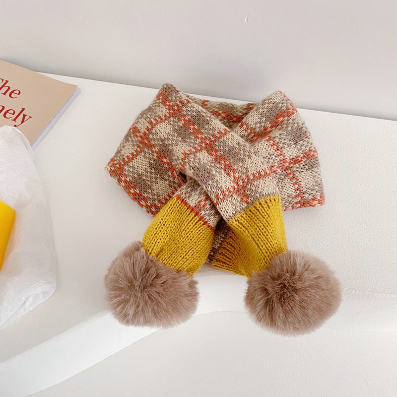 Mode Stiksels Plaid Kinderen Pompom Cross Sjaal Herfst En Winter Jongens En Meisjes Baby Warm Gebreide Sjaals: kaqimijuhuang