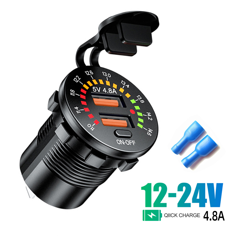 Cargador de coche USB Dual QC 3,0, 36W, 12V, 24V, salida PD impermeable, carga rápida con voltímetro LED, interruptor de encendido y apagado, accesorios para coche