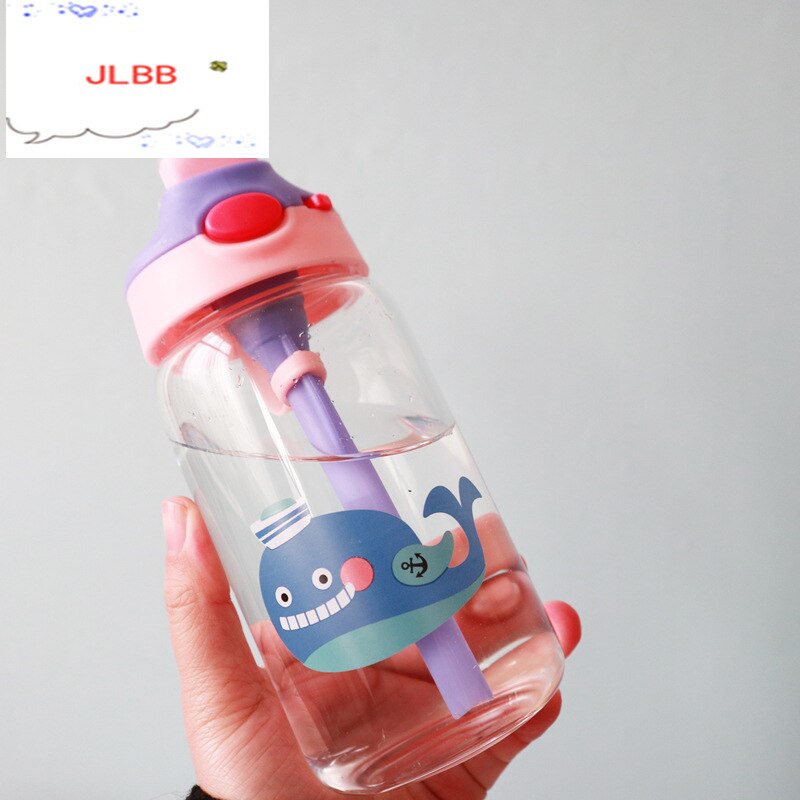Bouteille d'eau en verre avec animaux pour enfants, avec sangle de sac en paille, couvercle supérieur verrouillable, anti-fuite, sans BPA, pour garçons, voyage randonnée, 500ml