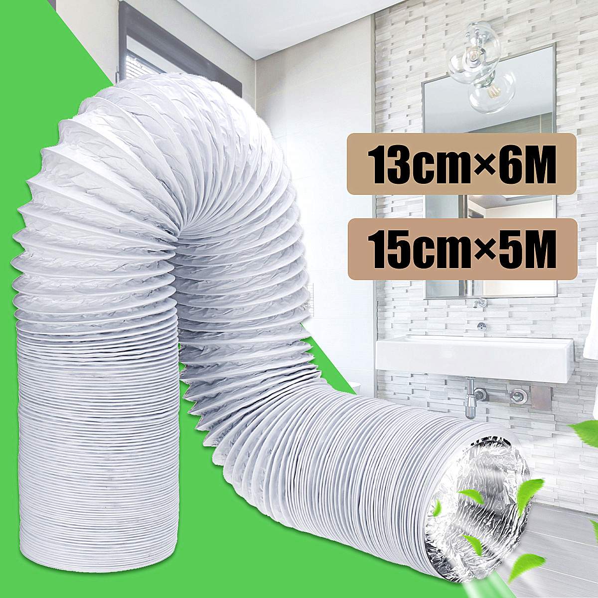 5m/6m fleksible klimaanlegg eksosslange ventilasjonsrør 150/130mm diameter