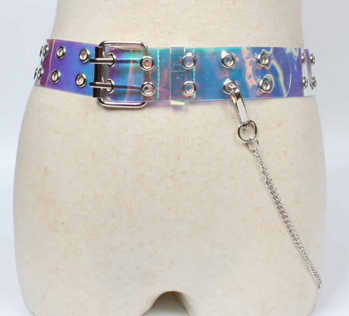 cinturón de PVC de dos filas para mujer, hebilla de doble Pin, cinturones transparentes de cintura blanca para mujer, cinturón para Vestido vaquero para mujer: Color With Chain