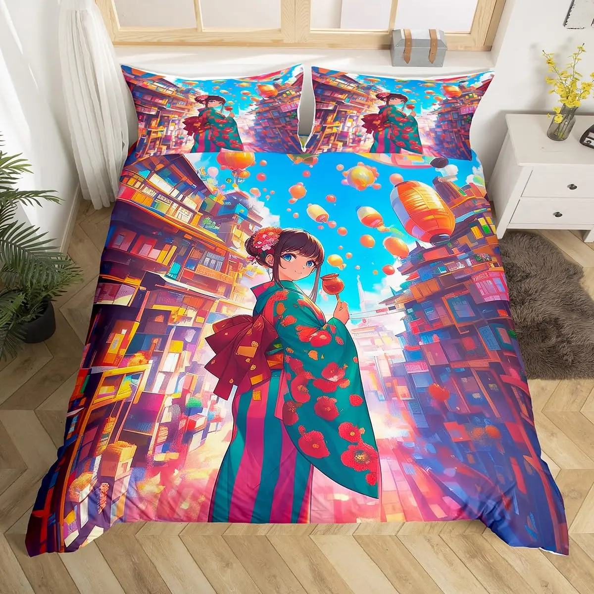 Japanese Building Duvet Cover Sets for Teens Queen Size Quilt Covers Lightweight Down 2 Pillowcases 1 Duvet Cover No Comforter: super king / Ivory