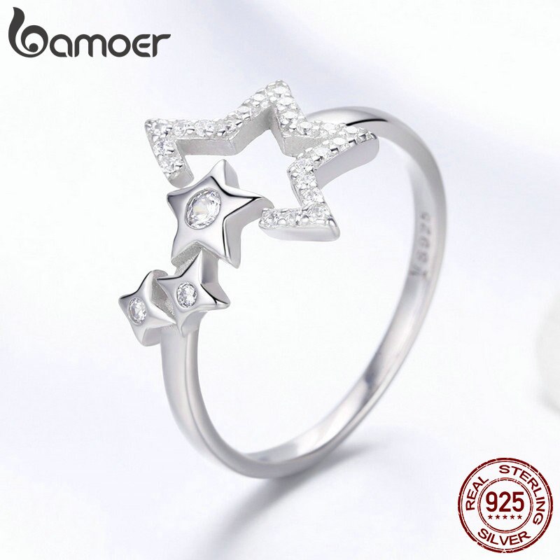 BAMOER Autentico 925 Sterling Silver Luminoso Star Waitting Regolabile Anelli di Barretta per le Donne Aggancio di Cerimonia Nuziale Dei Monili SCR452