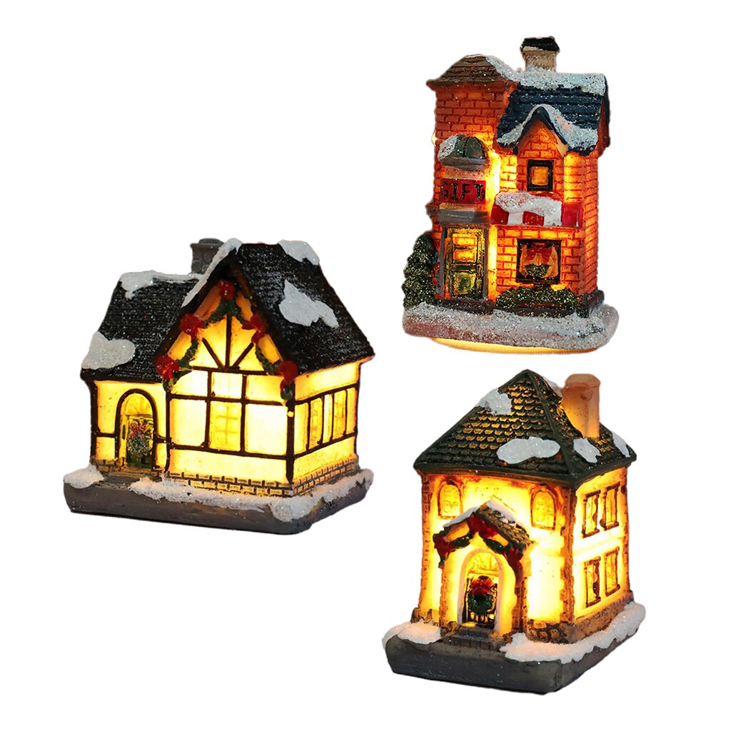 3Pcs 6-8Cm Kerst Licht Up Winter Dorp Miniatuur Huis Ornament Model