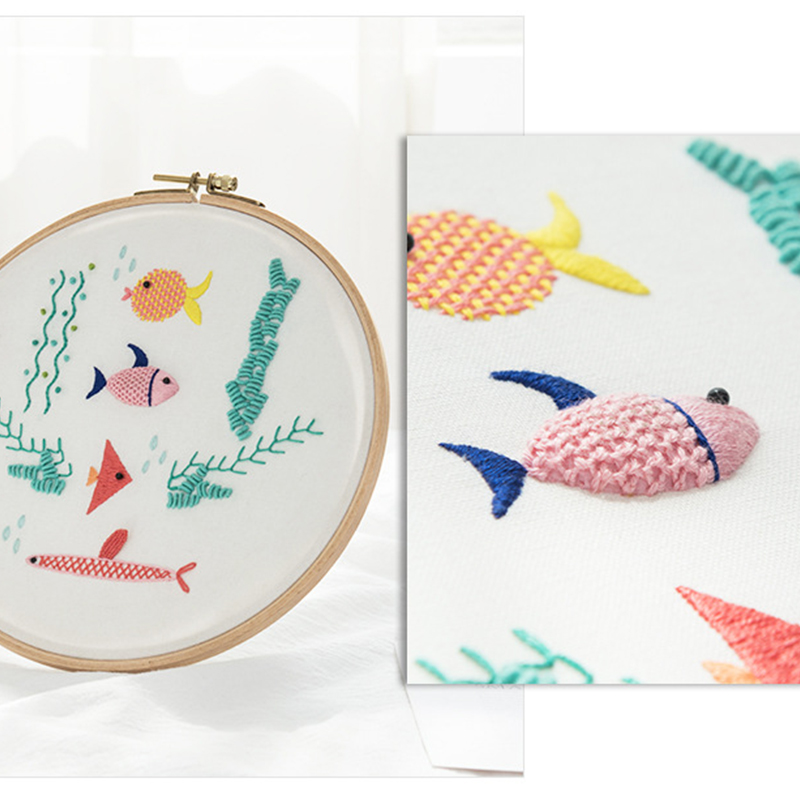 Kits de bordado con patrones de peces de dibujos animados, DIY de bordado paquete de materiales, suministros de costura de punto de cruz 3D, bastidor para bordar