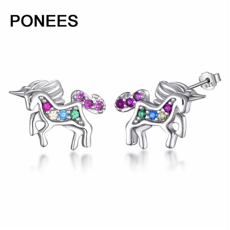 Ponees-pendientes de tuerca de unicornio para mujer y niña, de plata de ley 925, joyería más Popular con CZ