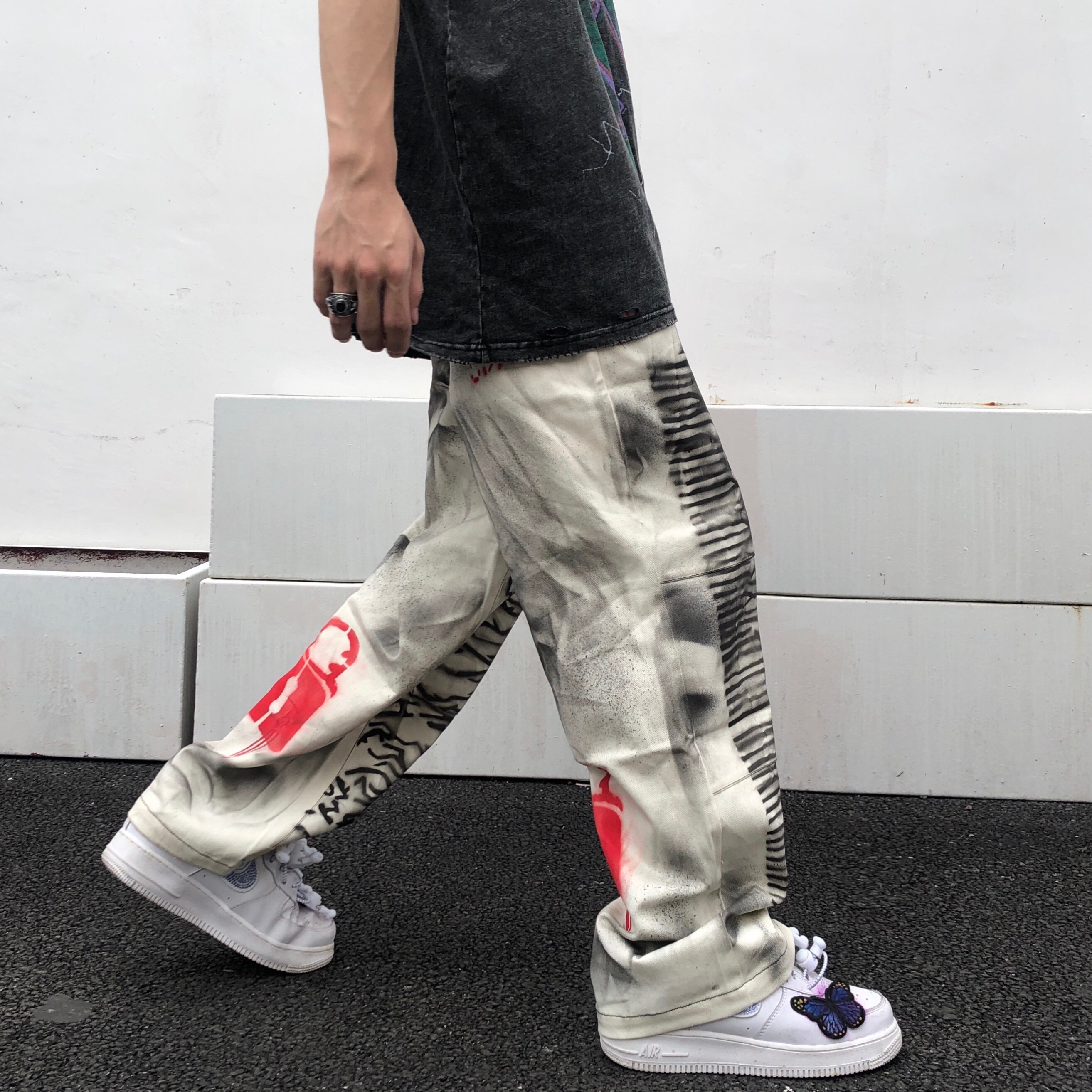 Uncledonjm streetwear mænd løs denim jeans graffiti vintage denim bukser harajuku joggers bukser  t2-a021
