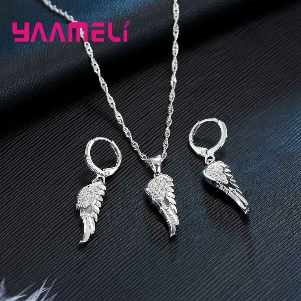 Angle aile 925 en argent Sterling pendentifs collier balancent boucles d'oreilles ensemble pour mariage femmes CZ Zircon fiançailles bijoux ensembles