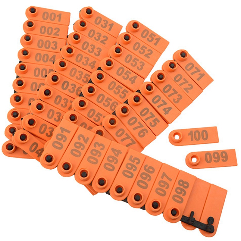 Praktyczny 100 plastikowy kolczyk dla bydła bydlęcego 1-100 obrączki robić oznaczania zwierząt i 1 zestaw robić oznaczania kolczyków robić znakowania zwierząt gospodarskich Pomarańczowy +