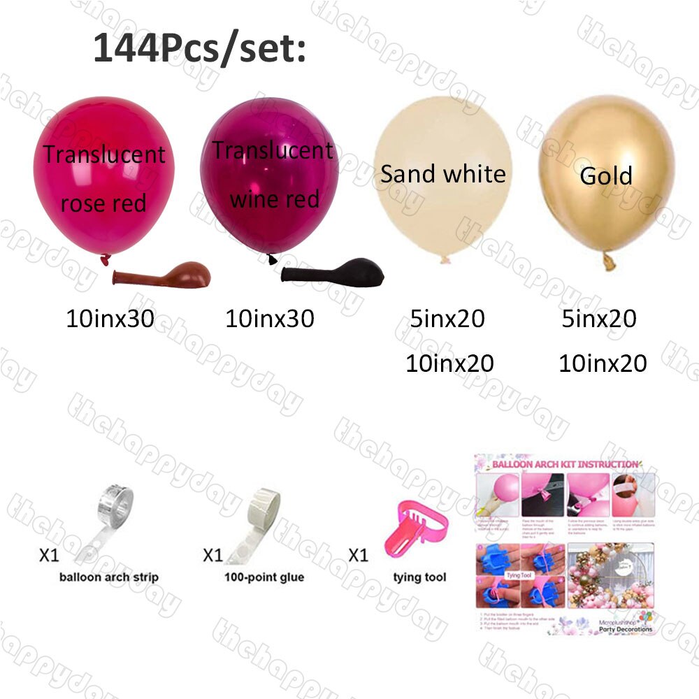 Kit de guirnalda de globos de color rojo vino borgoña, 144 piezas, rosa roja translúcida, arco de globos cromado, decoración para de cumpleaños y boda