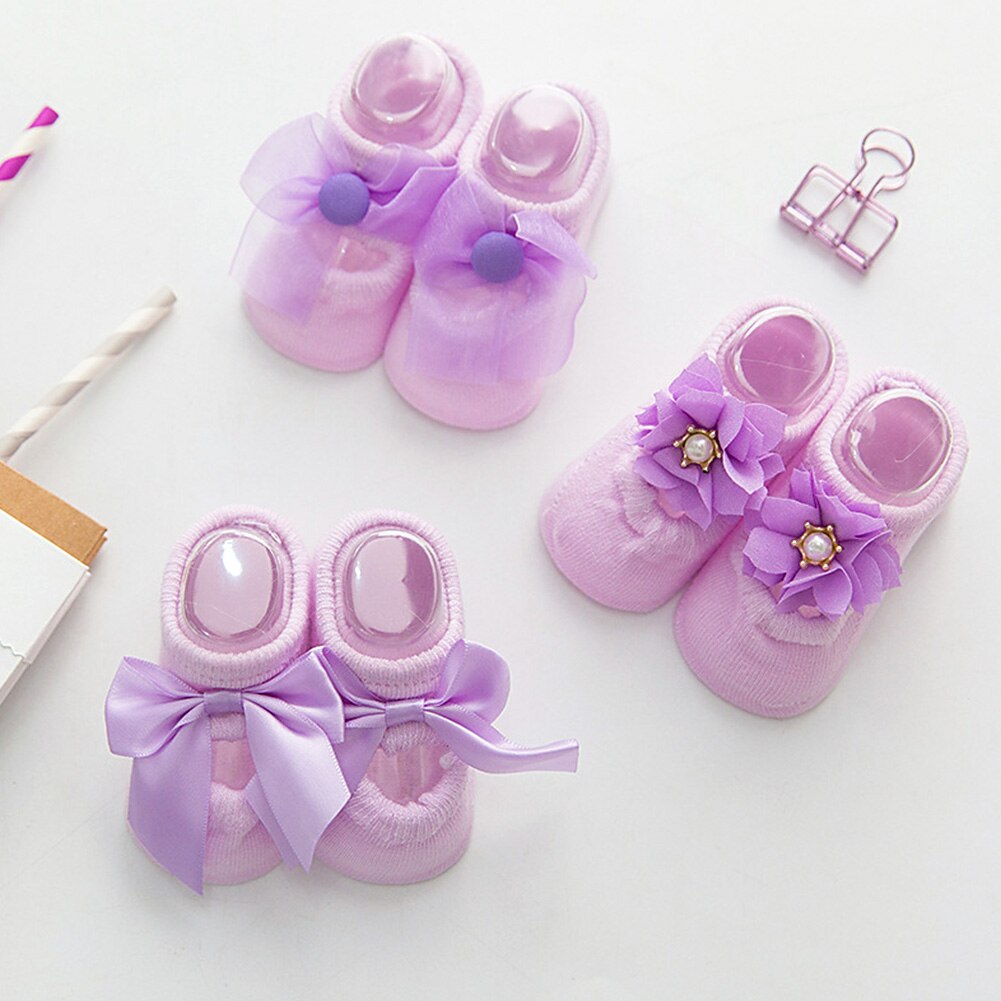 Baby Boat Bow Tie Cotton Socks Hole Girls Slippery Floor Lace Flower